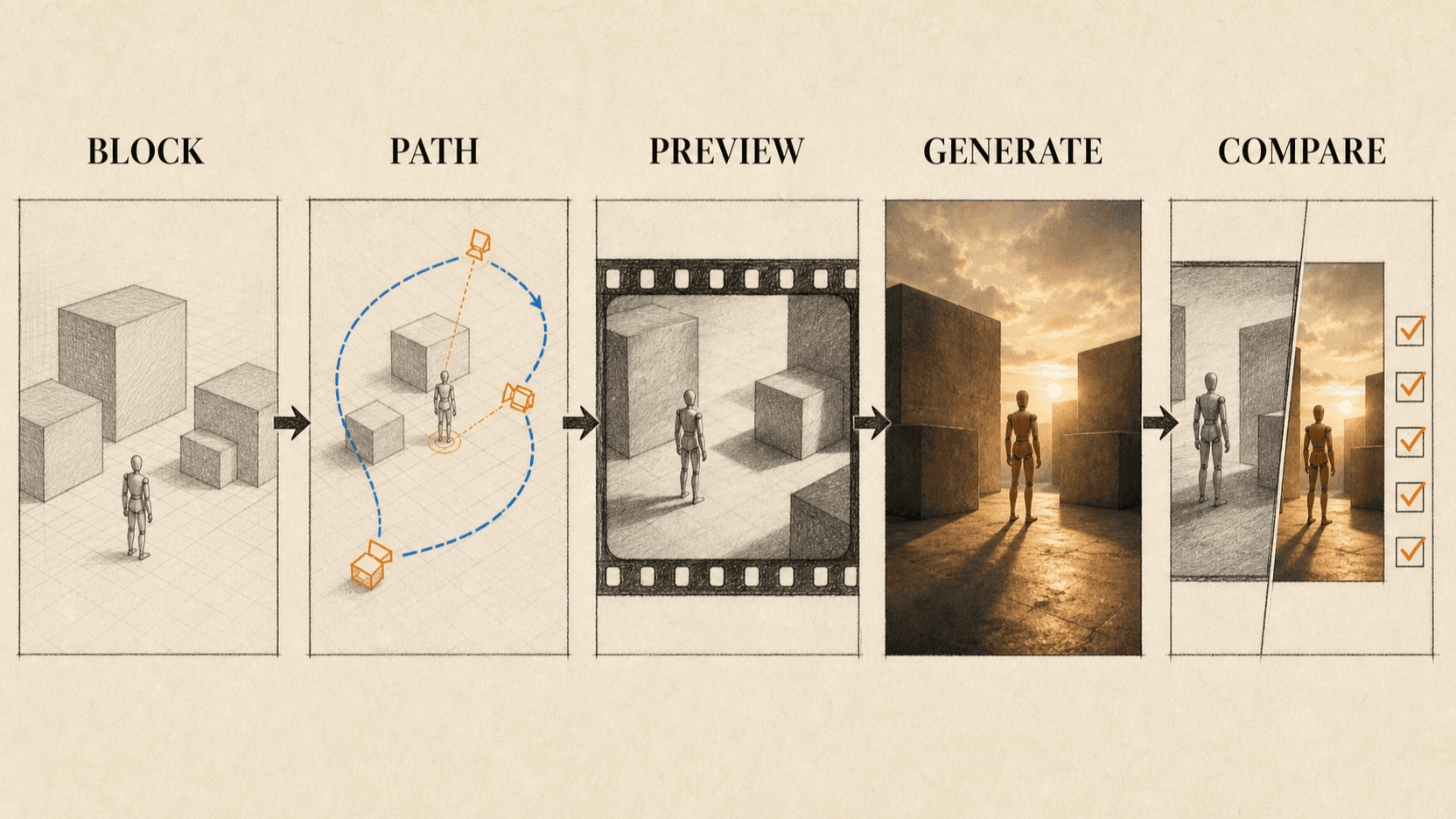 Blender-to-AI-video workflow showing gray-box blocking, constrained camera path, preview export, generated shot, and comparison review