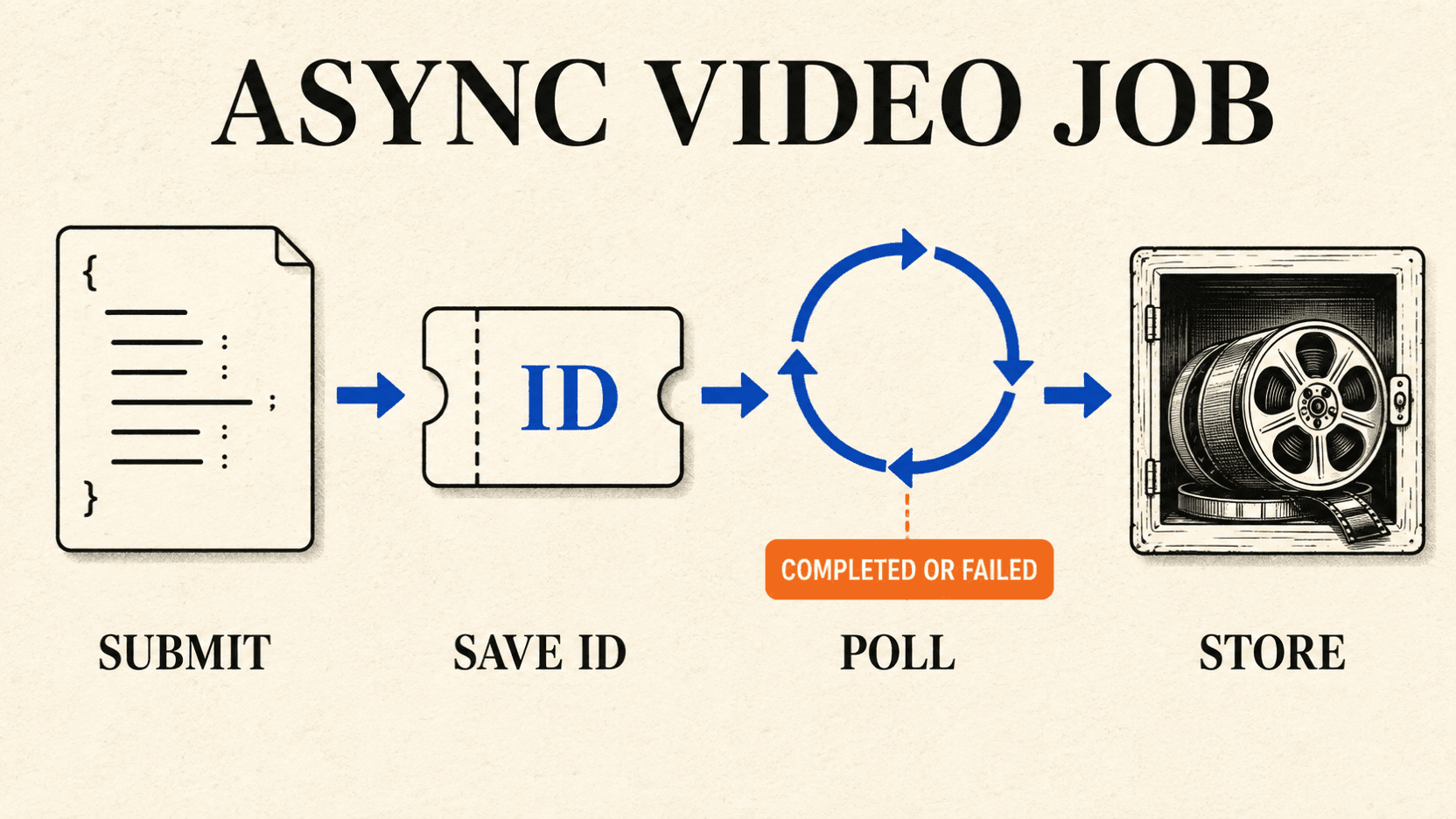 Kling API async workflow from submitting a request through saving the task ID, polling a terminal state, and storing the video