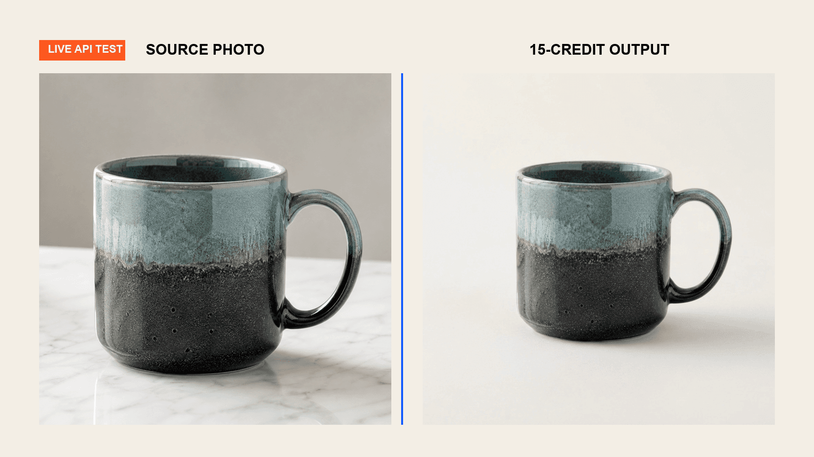 A source ceramic mug in a styled scene beside the 1K API output on a plain warm-white studio background