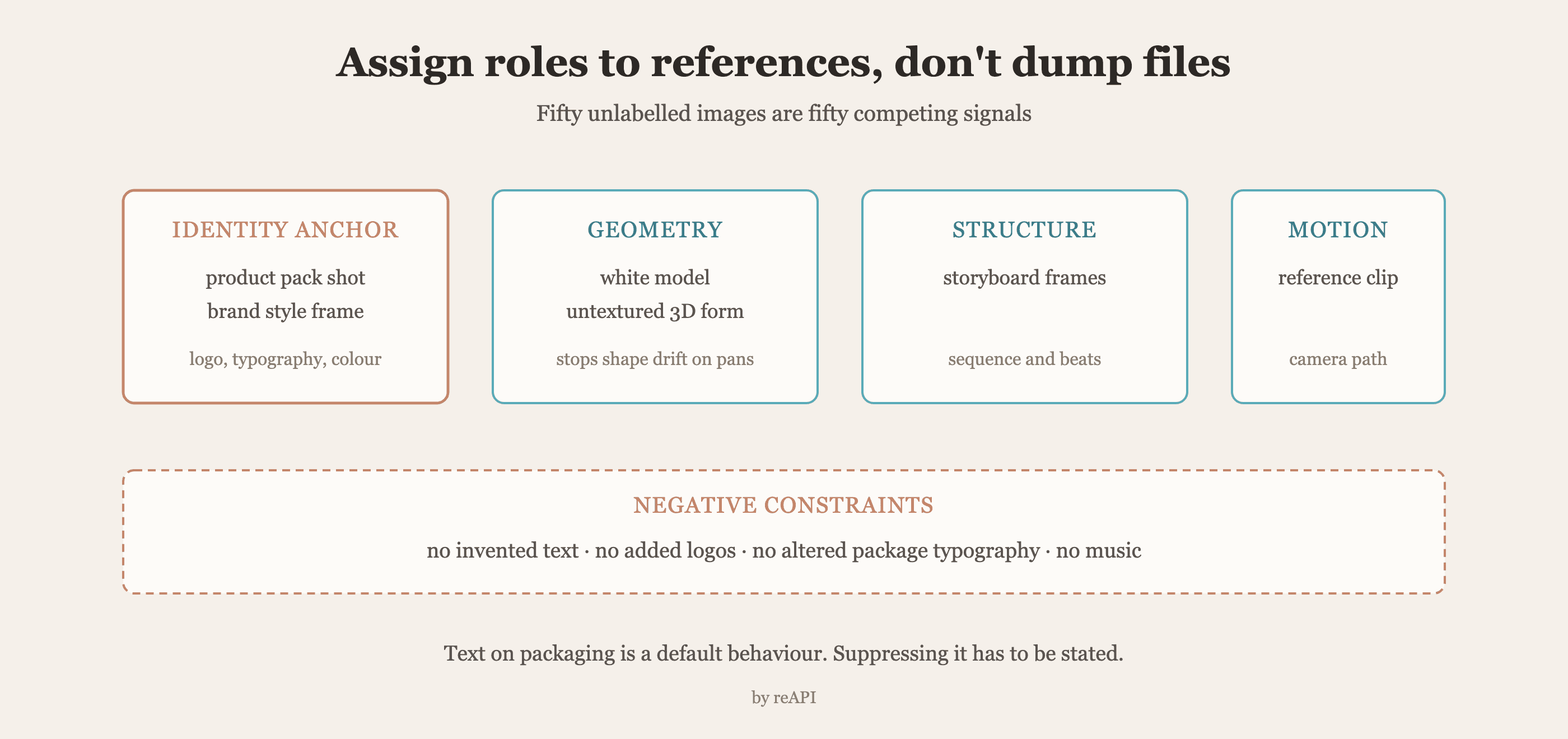 Reference roles for e-commerce video generation: identity anchor, white-model geometry, storyboard structure, and motion clip, plus the negative constraints that suppress invented text