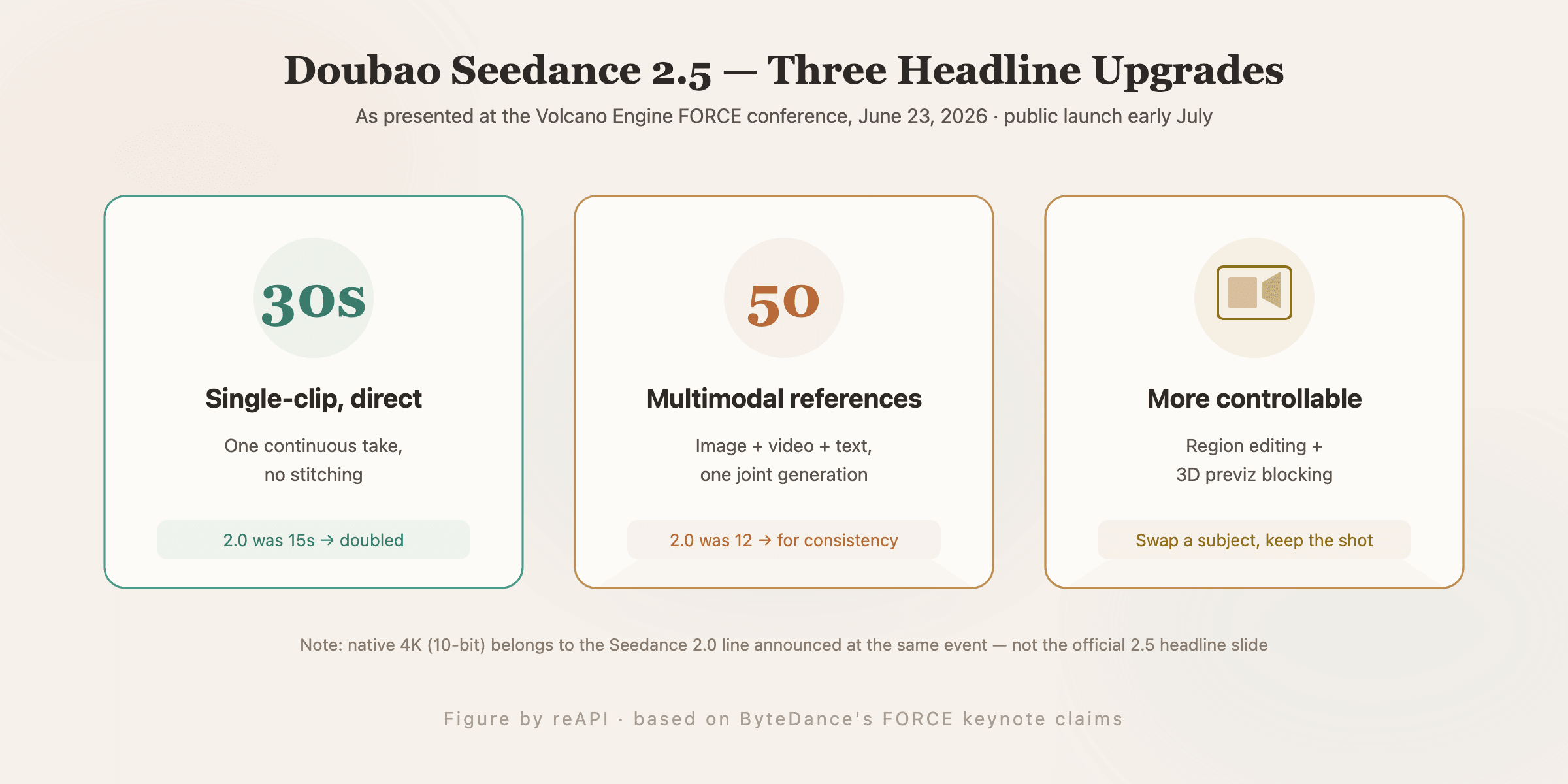 Seedance 2.5 key capability pillars: 30-second single-clip duration, 50 multimodal reference materials, and region-level editing control