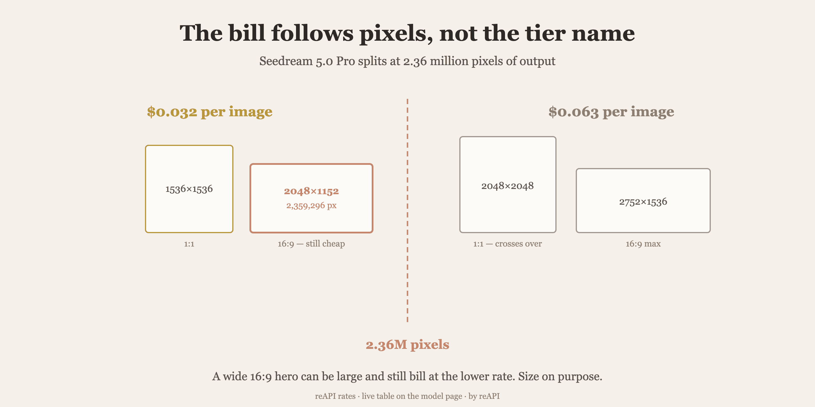 Seedream 5.0 Pro pixel boundary at 2.36 million pixels, showing a 2048x1152 sixteen-by-nine frame billing at the cheaper tier while a 2048x2048 square crosses into the higher tier