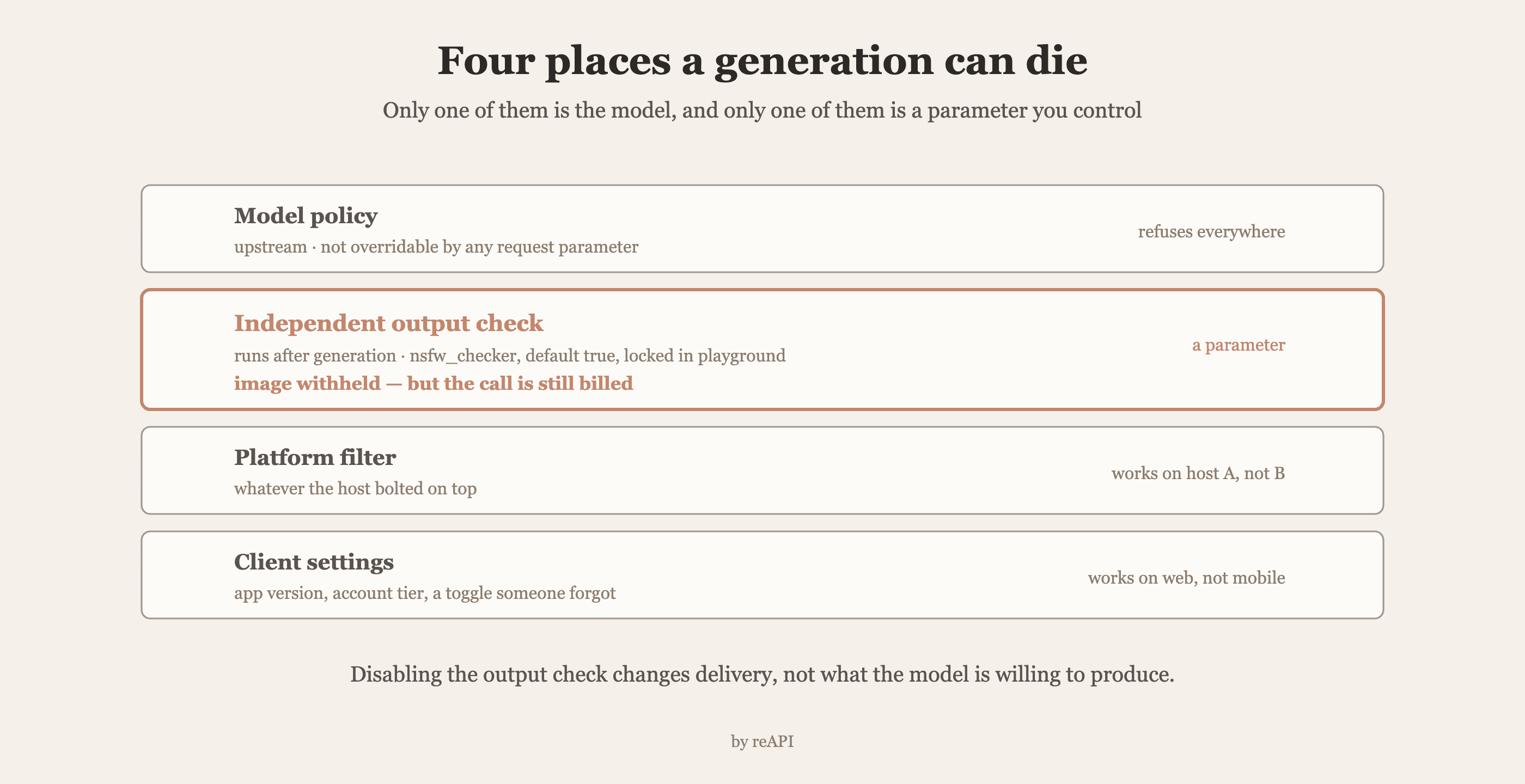 Four layers where a Seedream generation can be blocked: model policy upstream, an independent output check controlled by the nsfw_checker parameter that still bills when it withholds, a platform filter, and client settings
