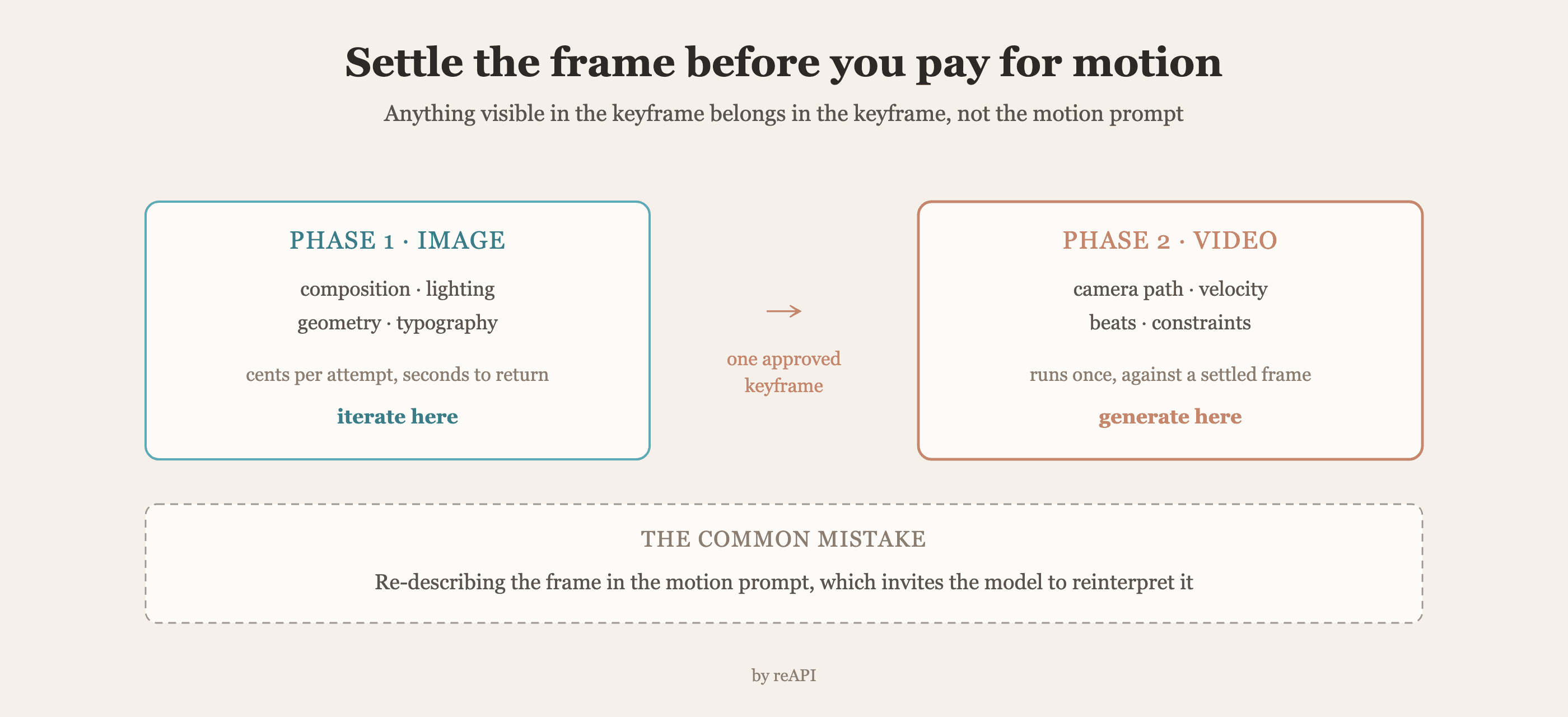 Two-phase pipeline: an image model settles composition, lighting, geometry and typography, then hands one approved keyframe to the video model, which owns camera path, velocity and beats