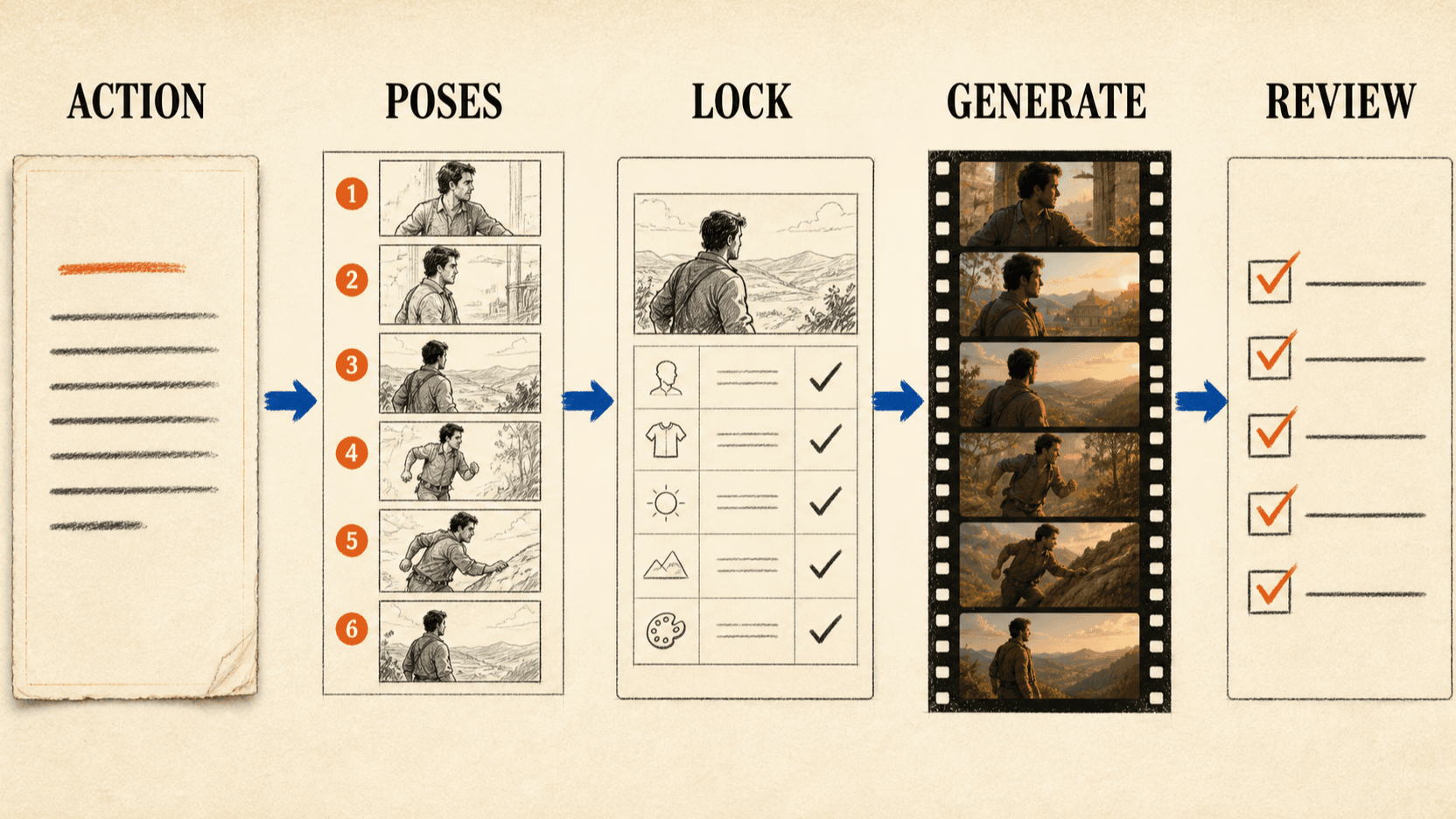 Storyboard-first AI video workflow from action breakdown to ordered key poses, prompt assembly, generation, and motion review