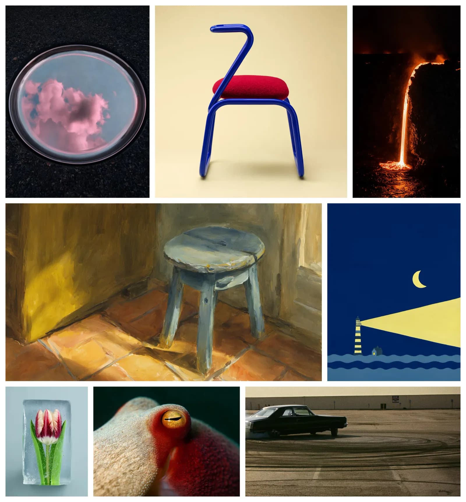 Imágenes de ejemplo de FLUX 3: fotografía, pintura, ilustración plana y renders de producto