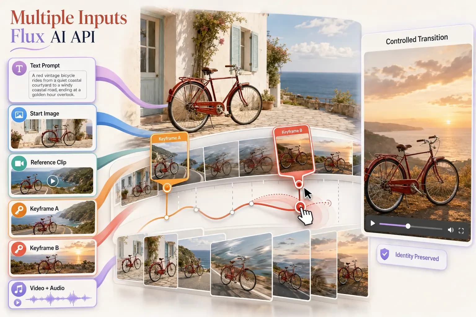 FLUX 3 Multi-Input-Steuerung: Prompt, Startbild, Referenzclip und Keyframes steuern einen Übergang