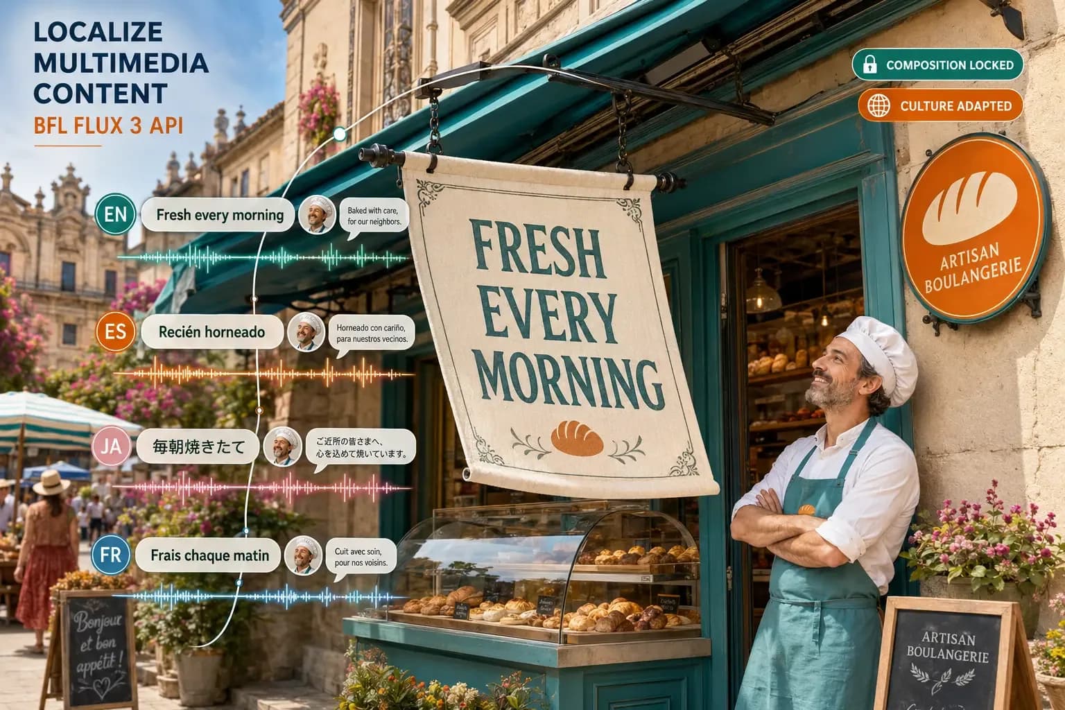 FLUX 3 lokalisiert eine Bäckerei-Szene auf Englisch, Spanisch, Japanisch und Französisch