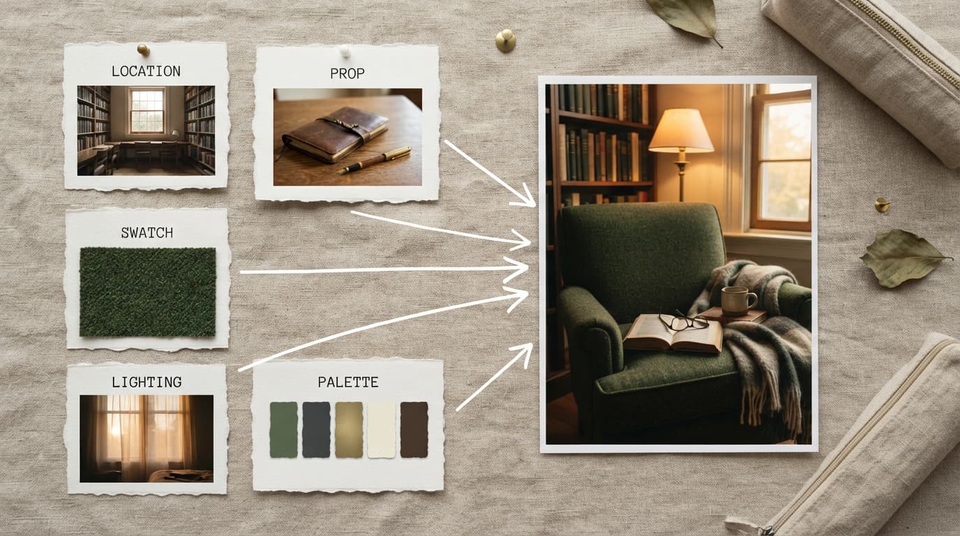 Five reference images combined into a single generated composition
