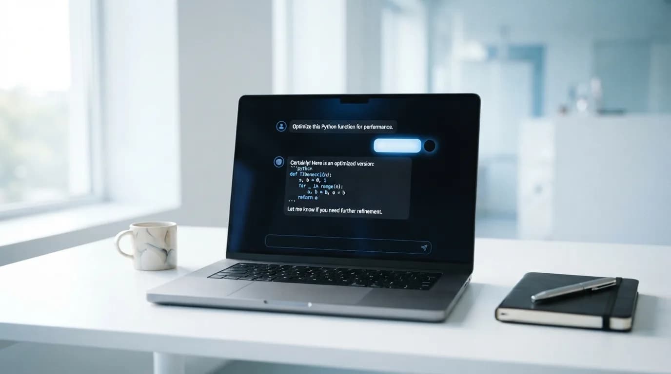 Laptop on a bright white desk running a dark AI chat interface with a code snippet in the reply — LLM chat and vibe coding through one endpoint