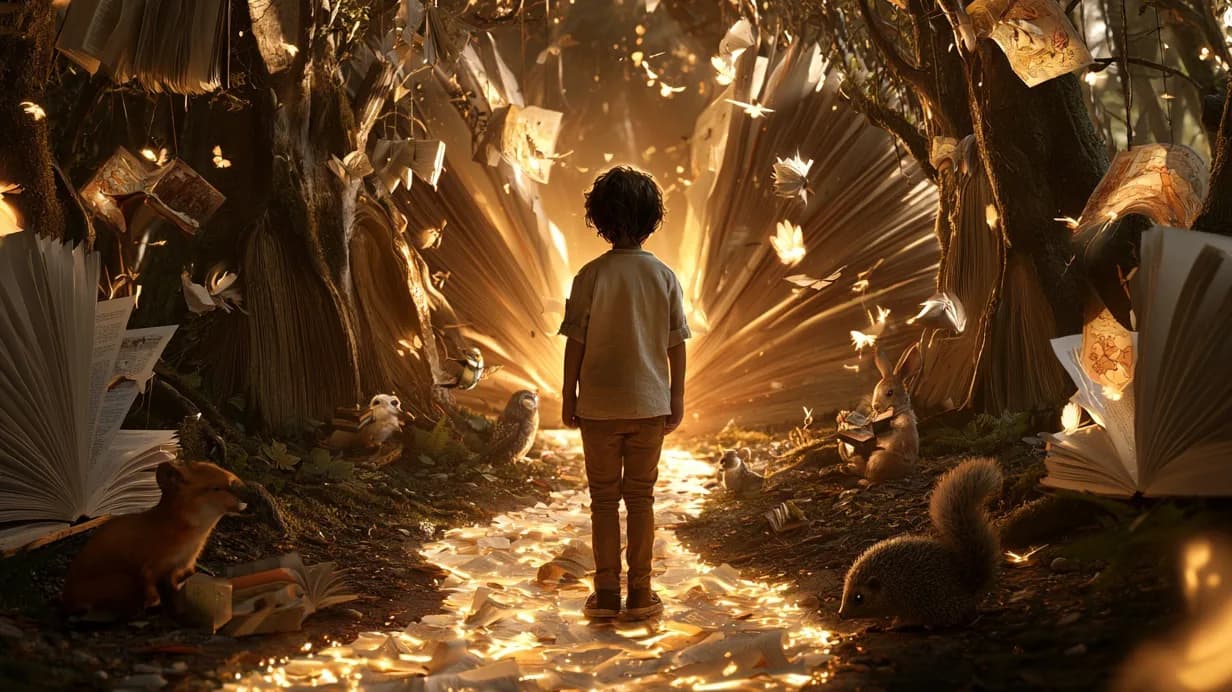 A child standing on a lit path in a forest of floating, glowing book pages as animals gather to read — language models turning text into understanding