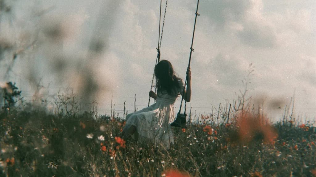 AI-generated film-grain photograph — a girl in a white dress on a rope swing in a wildflower meadow under a clouded sky