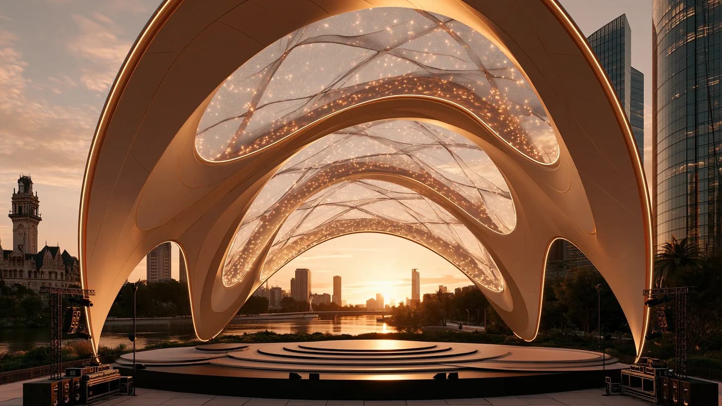 A shell-shaped open-air concert hall glowing at sunset above an empty stage, city skyline framed under its arches — backdrop for music generation