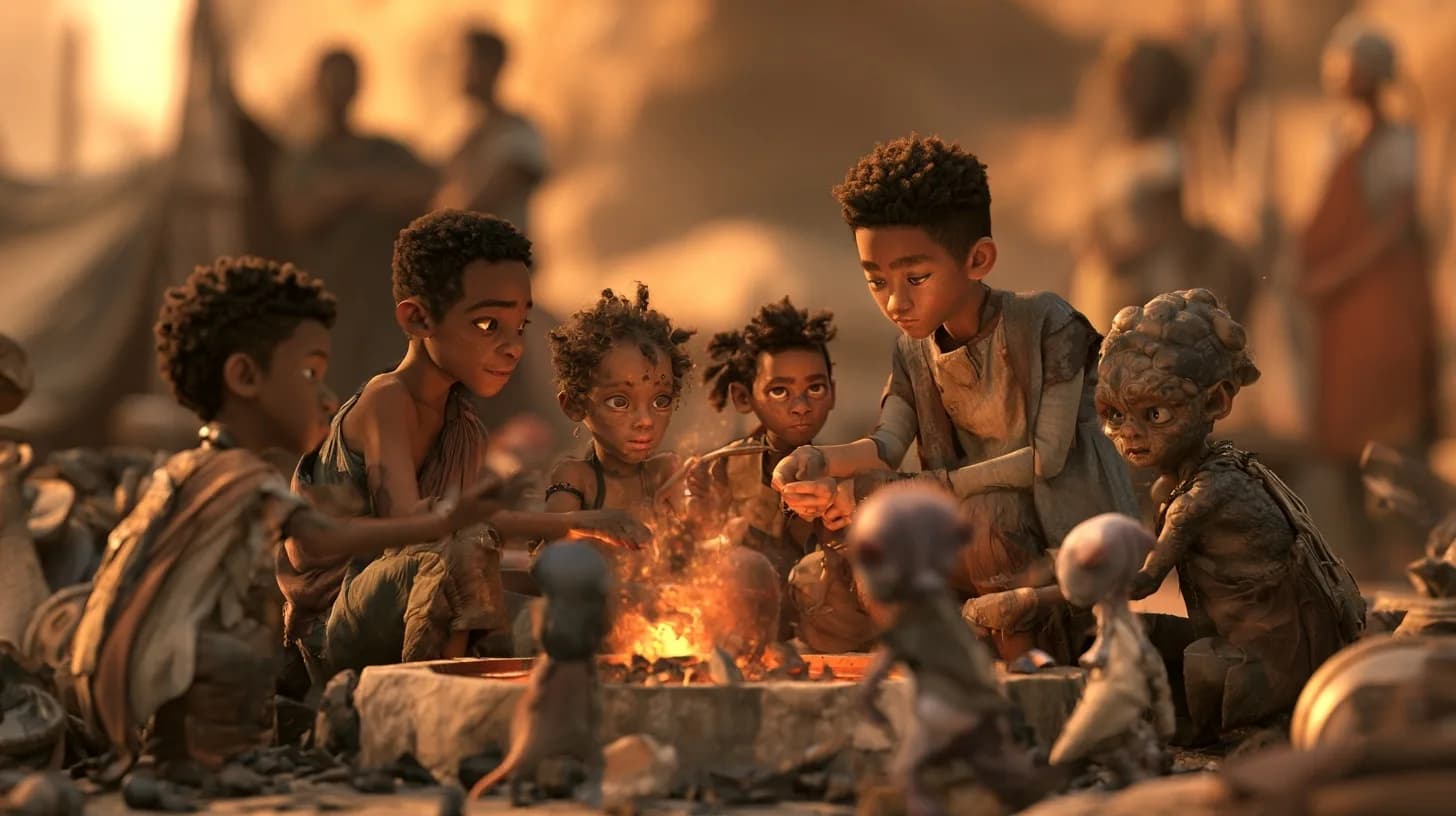 Animated film still — a group of children gathered around a cooking fire at dusk, warm firelight on their faces and a hazy encampment behind them