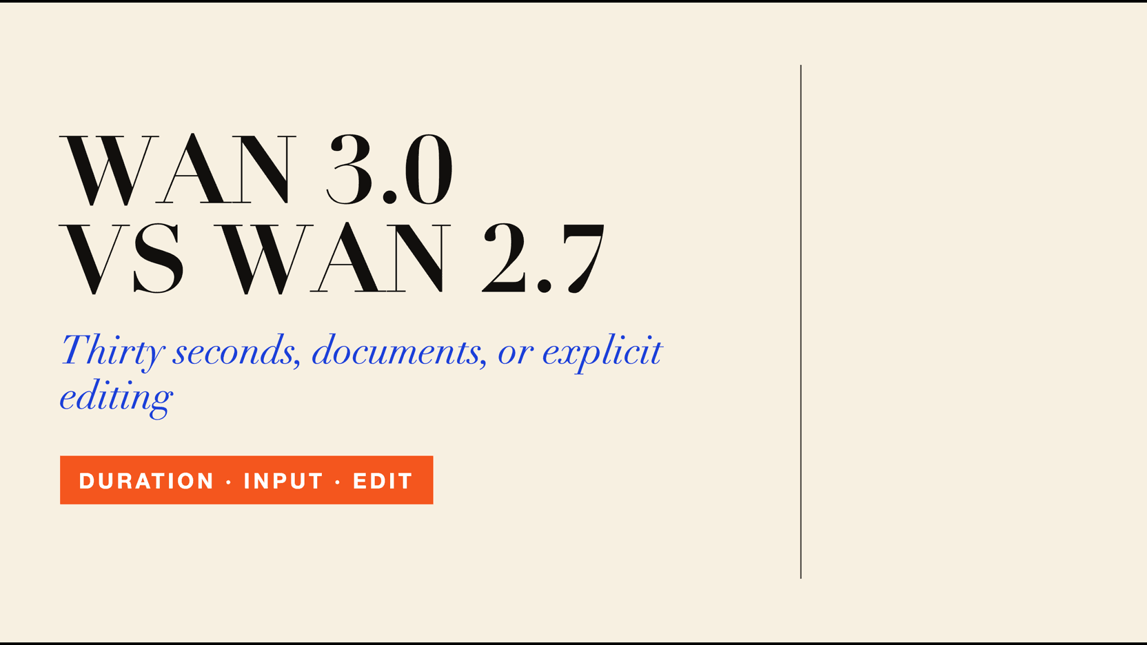 Wan 3.0 vs Wan 2.7: Duration, Inputs, Editing, and Cost Wan 3.0 vs Wan 2.7: Duration, Inputs, Editing, and Cost