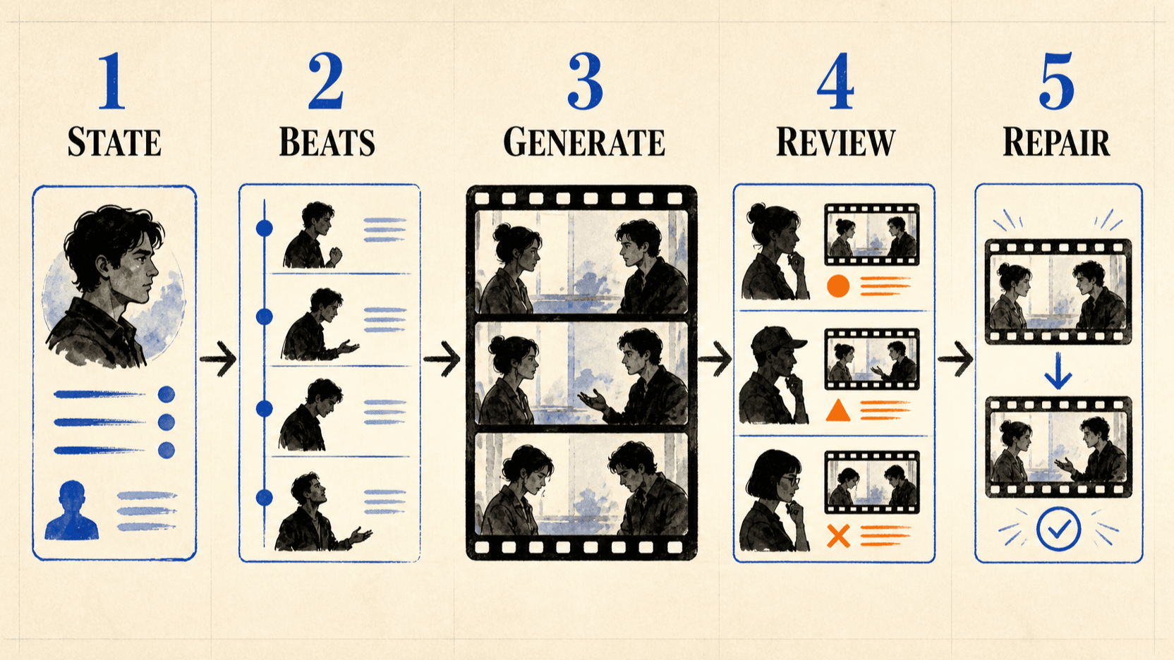 AI video acting workflow from character state through timed beats, generation, and performance review