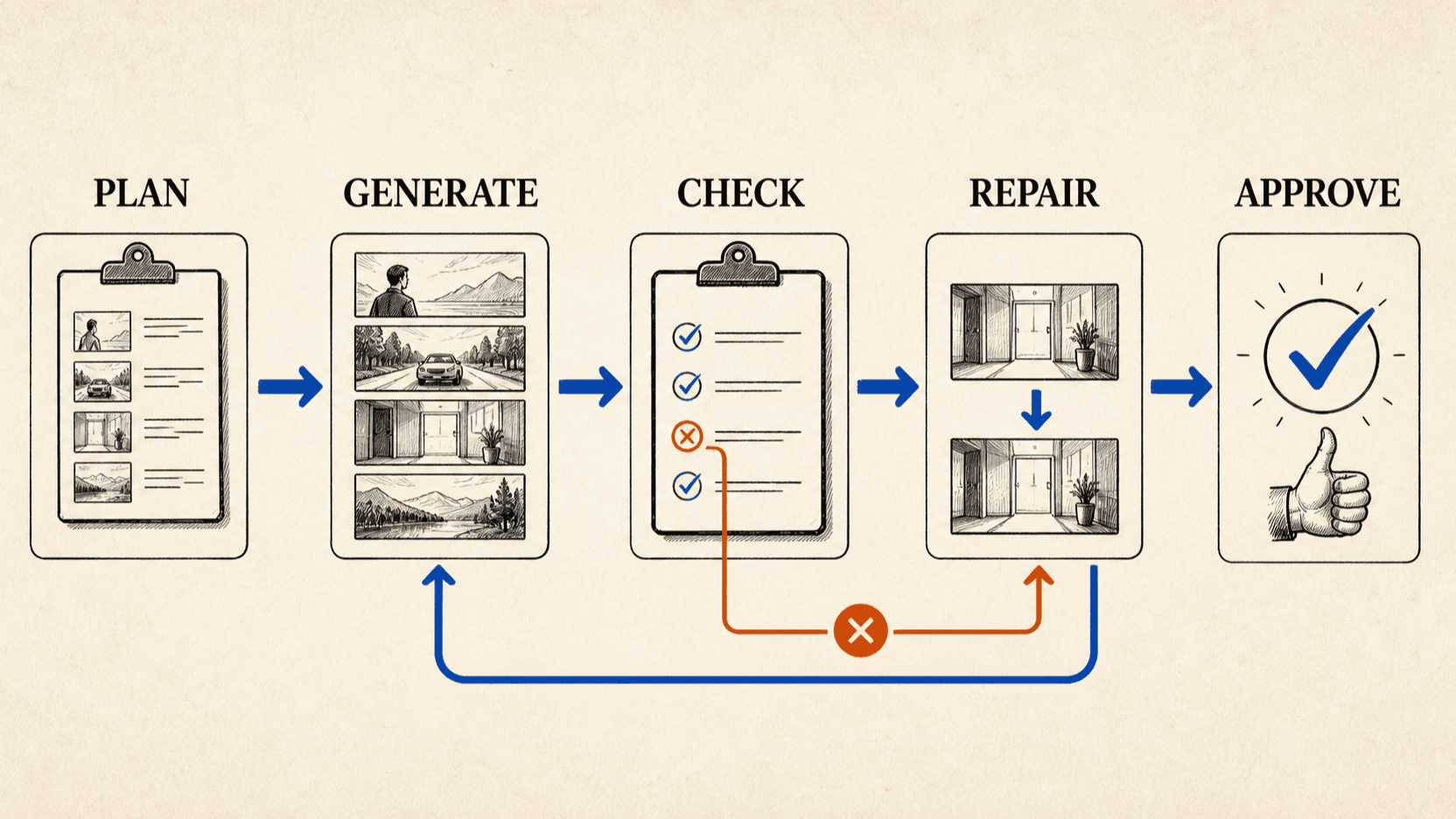 AI video agent critic loop from shot planning through generation, checks, selective repair, and approval