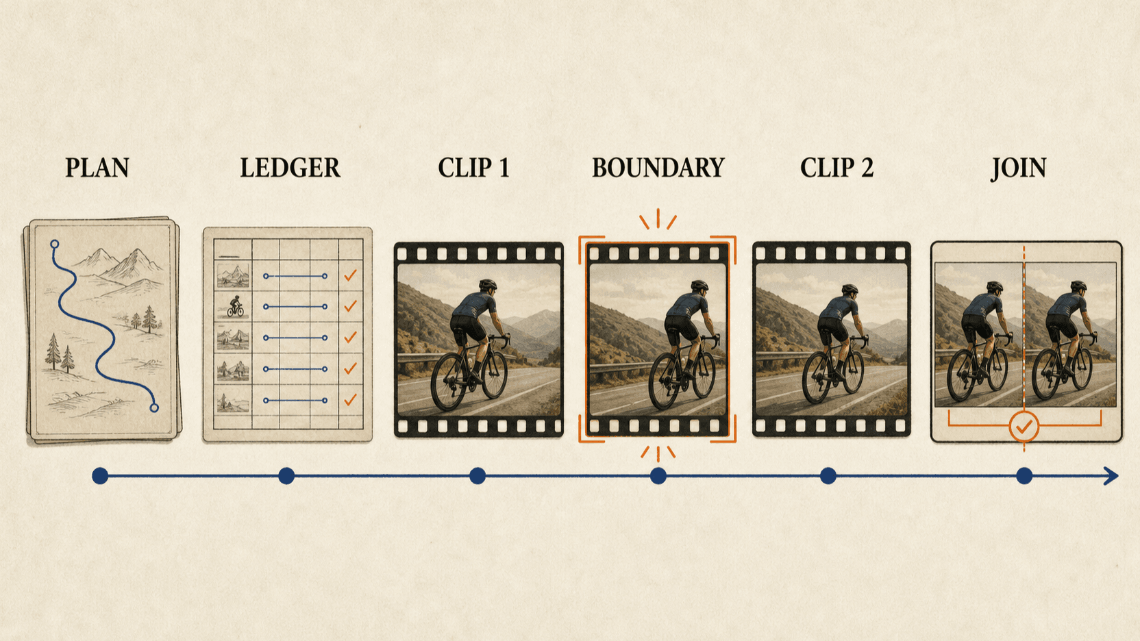 Long-form AI video continuity workflow from master sequence and state ledger through boundary frame, continuation generation, join review, and selective repair