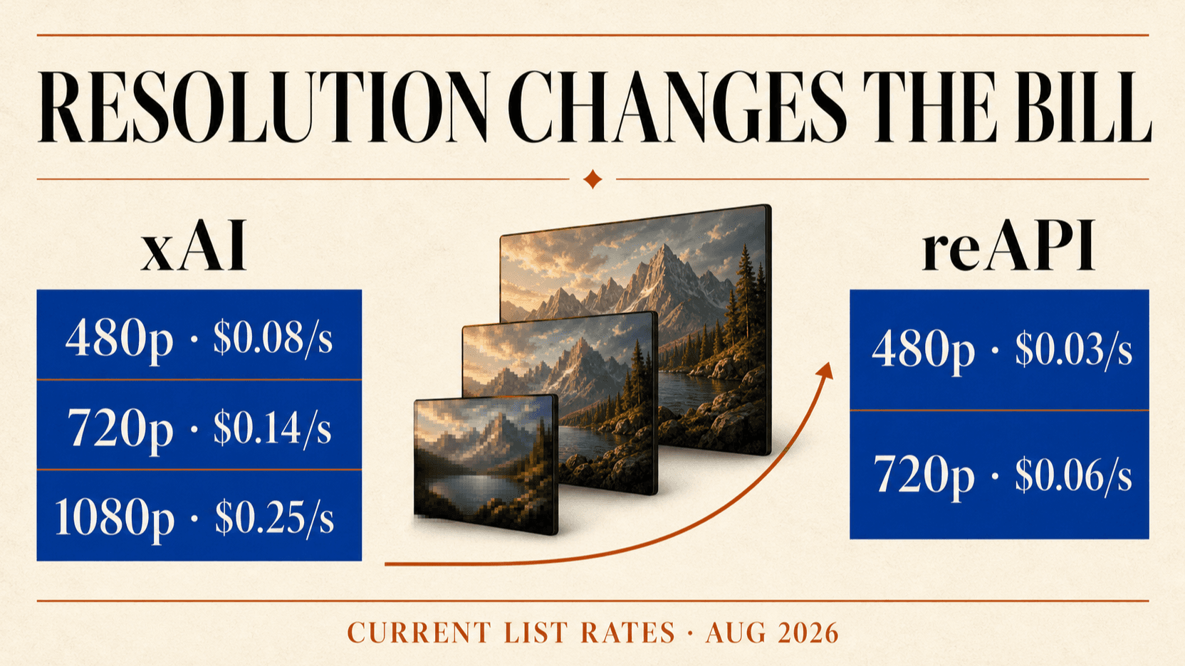 Grok Imagine Video 1.5 pricing by 480p, 720p, and 1080p resolution, with xAI list rates and current reAPI support