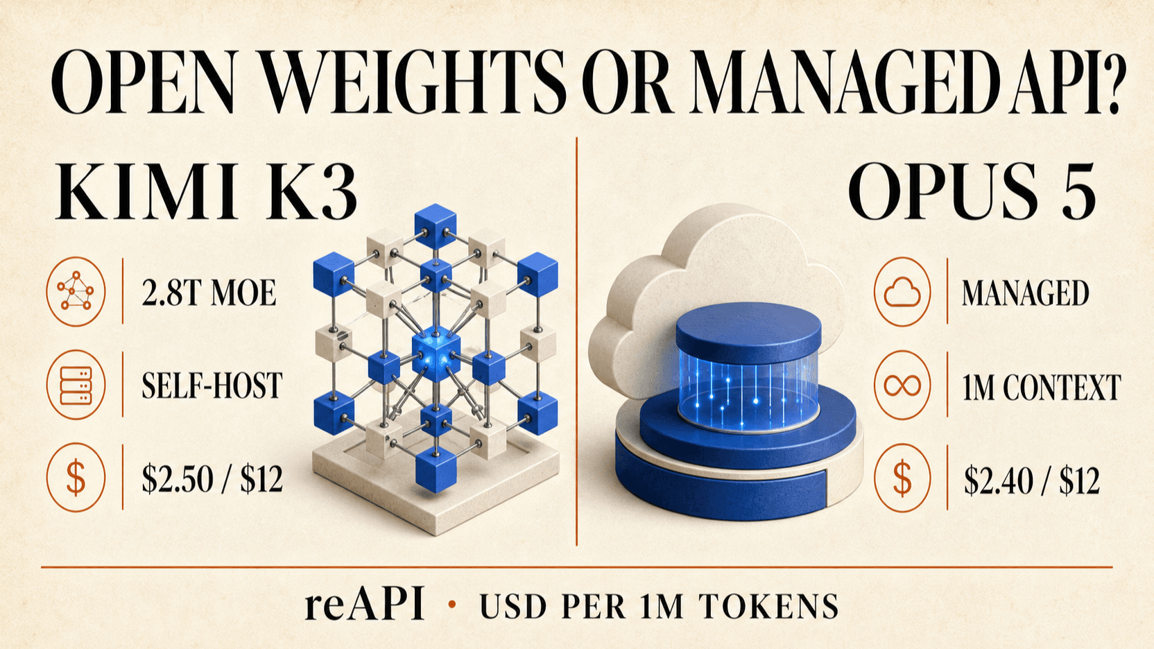 Kimi K3 open-weight deployment compared with Claude Opus 5 managed API, showing the control and operations trade-off