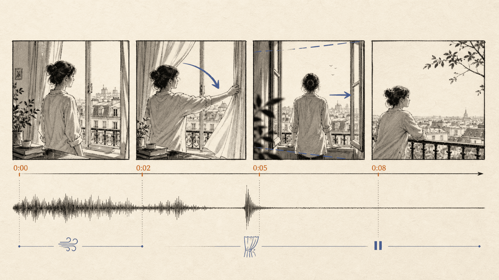 A restrained storyboard showing subject motion, camera progression, and native audio developing across one continuous MiniMax H3 shot