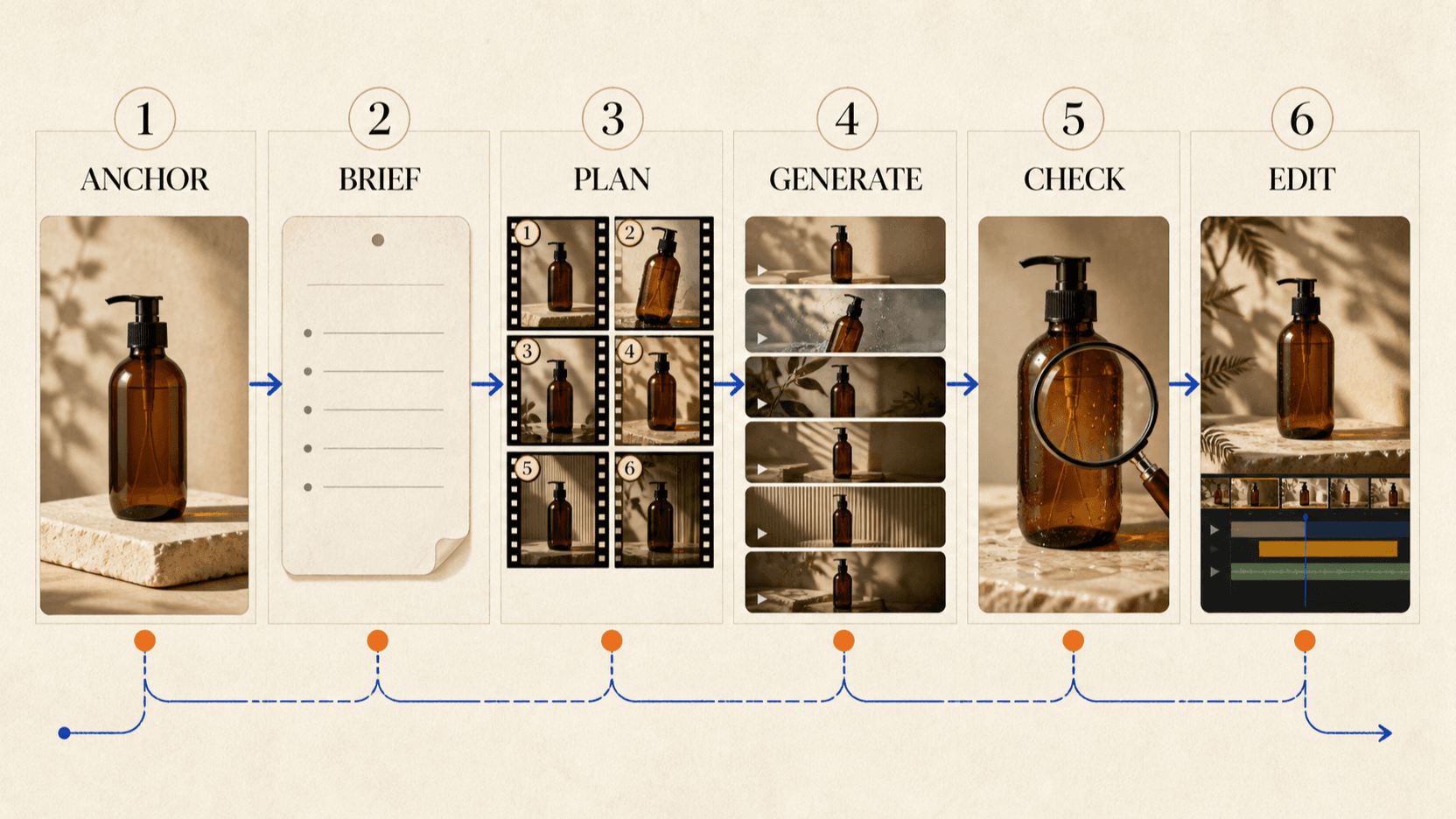 One-product-photo AI ad workflow from identity anchor and creative brief through six shot cards, generation, selective repair, and final edit