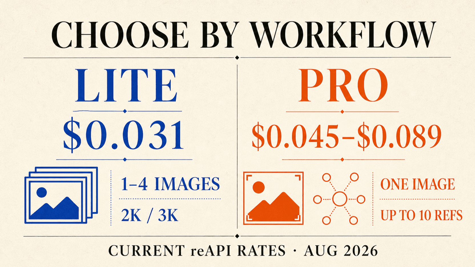 Seedream 5.0 Lite vs Pro decision matrix comparing batch volume, editing control, references, and current API pricing