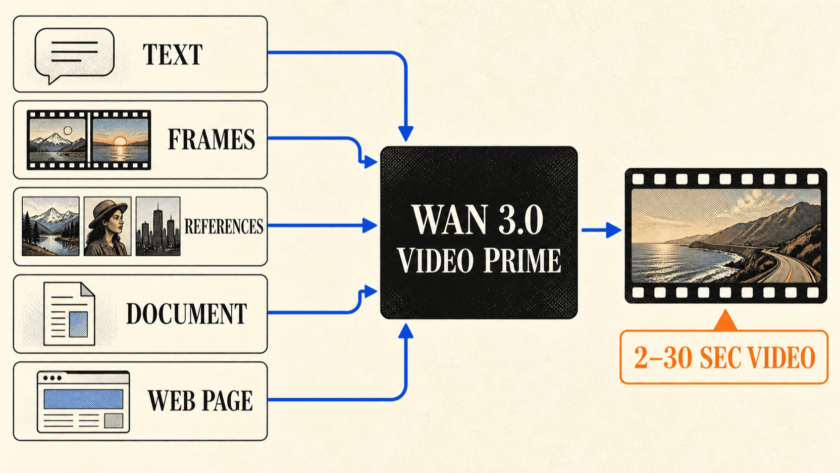 Wan 3.0 Video Prime API modes for text, frames, references, documents, and web pages