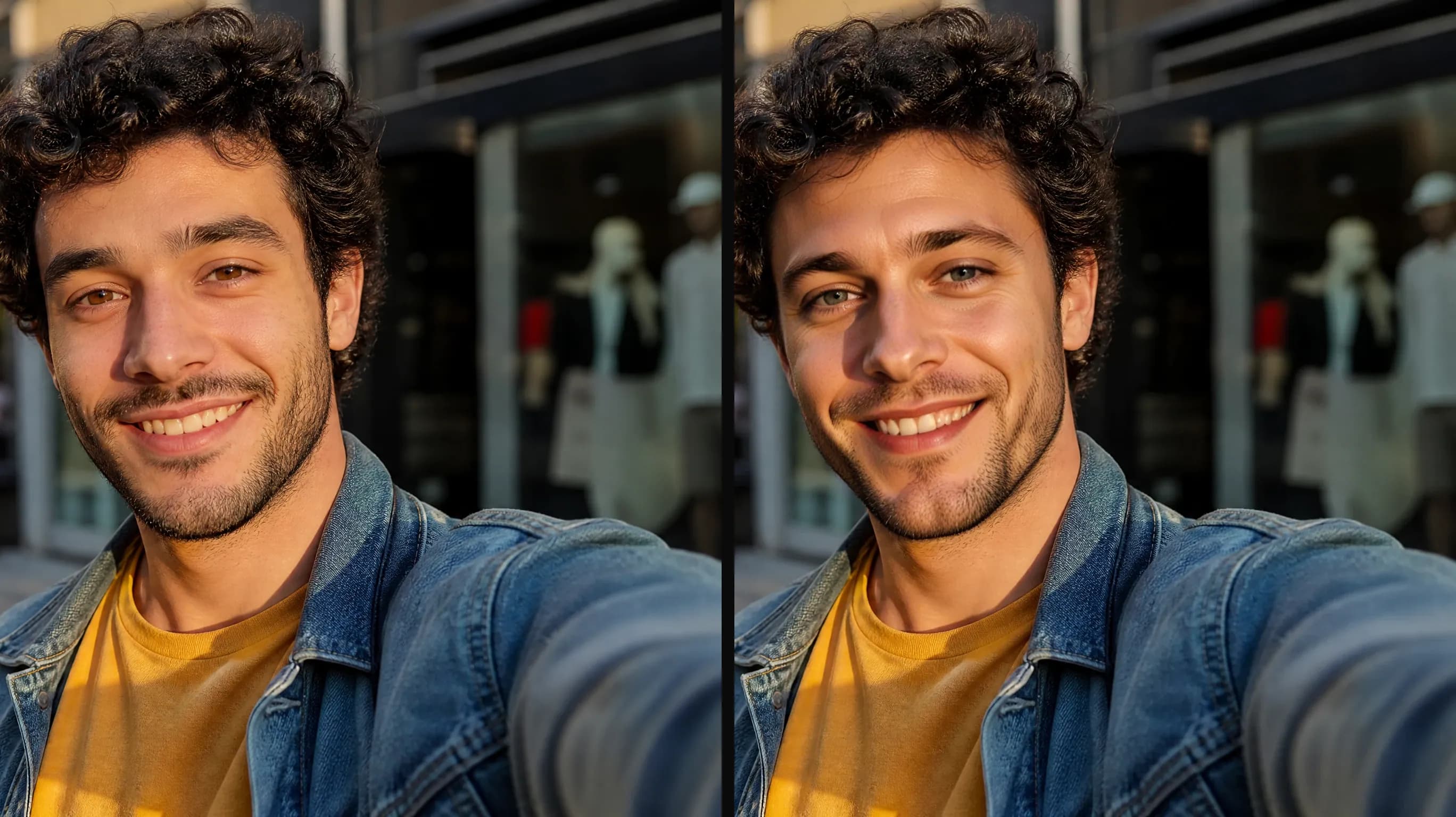Face Swap vorher und nachher — ein Selfie auf der Straße links, das gleiche Foto mit dem getauschten Gesicht rechts