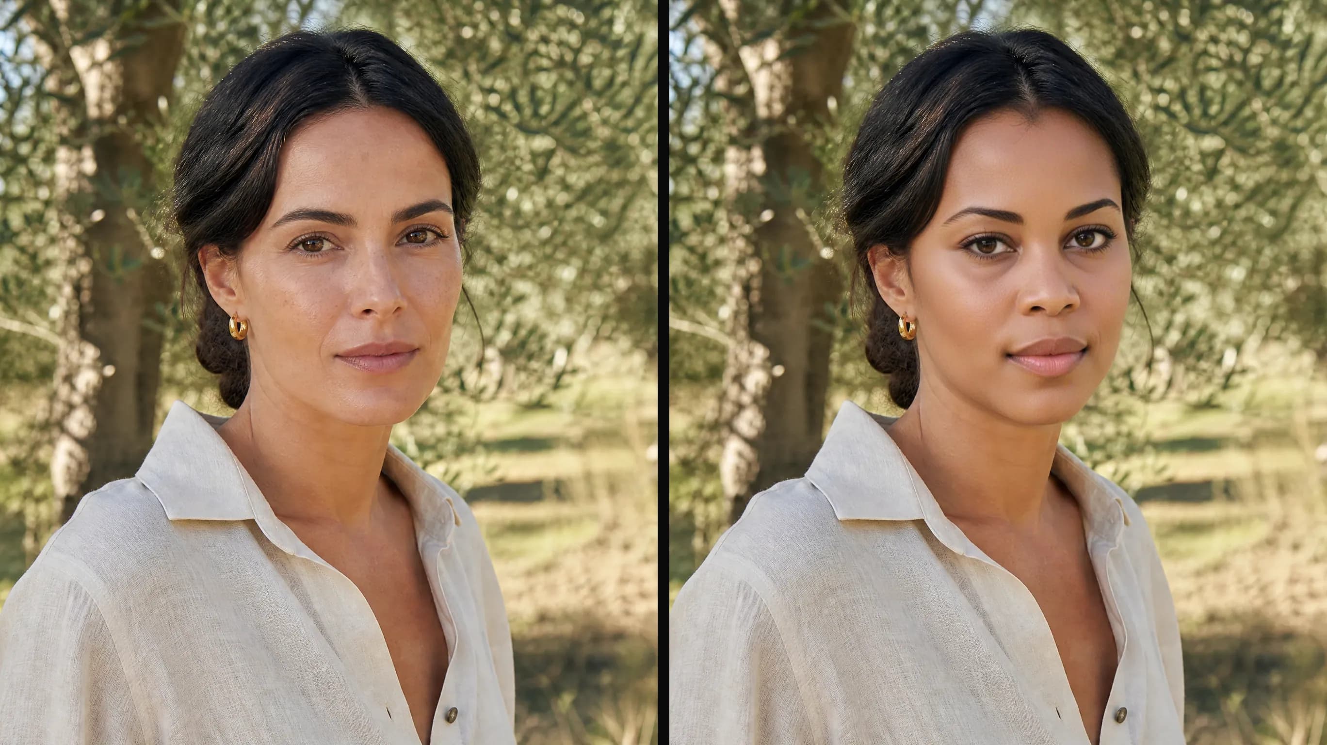 Face Swap vorher und nachher — ein Kampagnenfoto einer Frau in einem Olivenhain, dann dieselbe Aufnahme mit einem anderen Gesicht