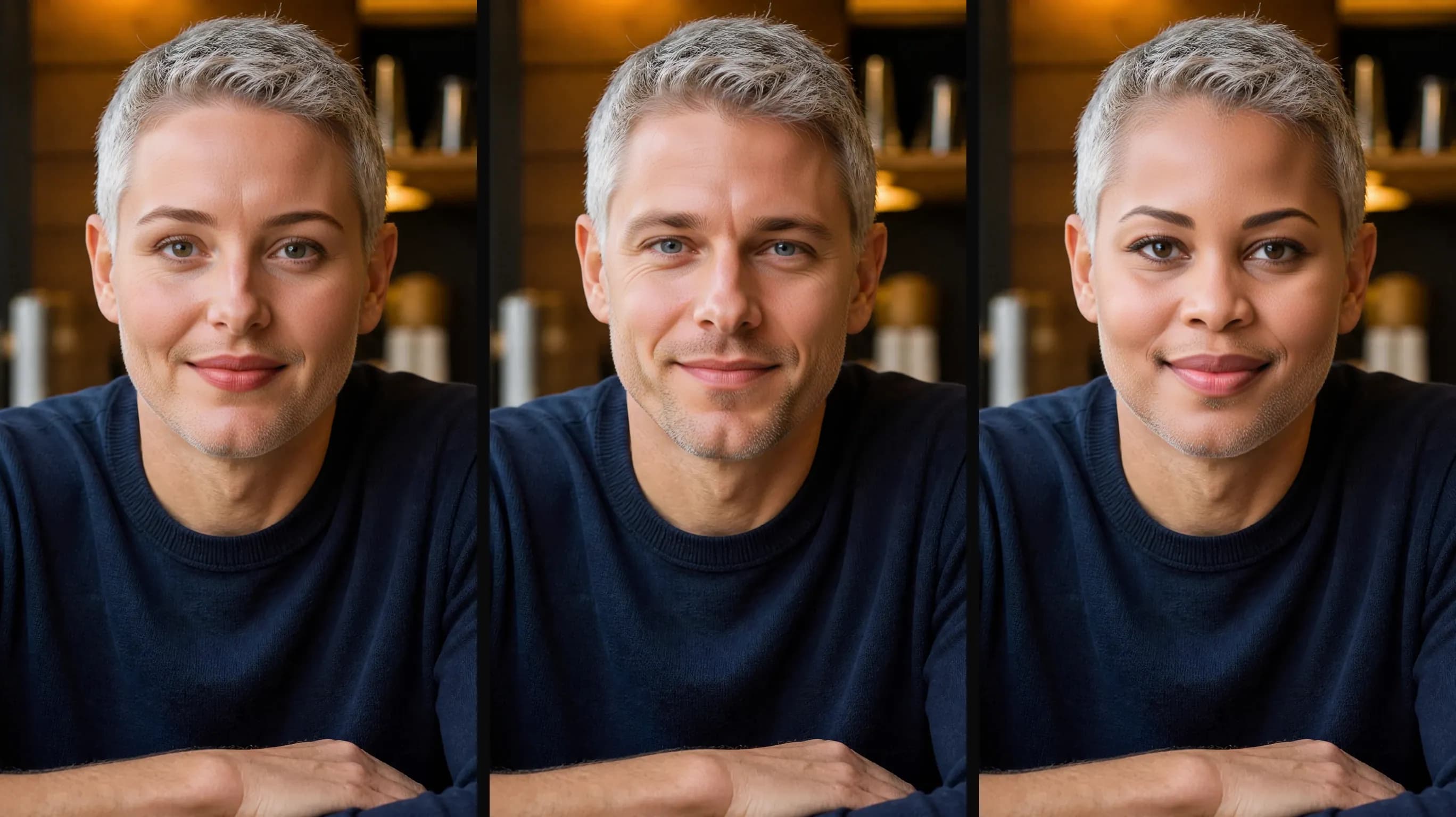 Face Swap Batch — das gleiche Café-Porträt mit drei verschiedenen Quellgesichtern getauscht, nebeneinander