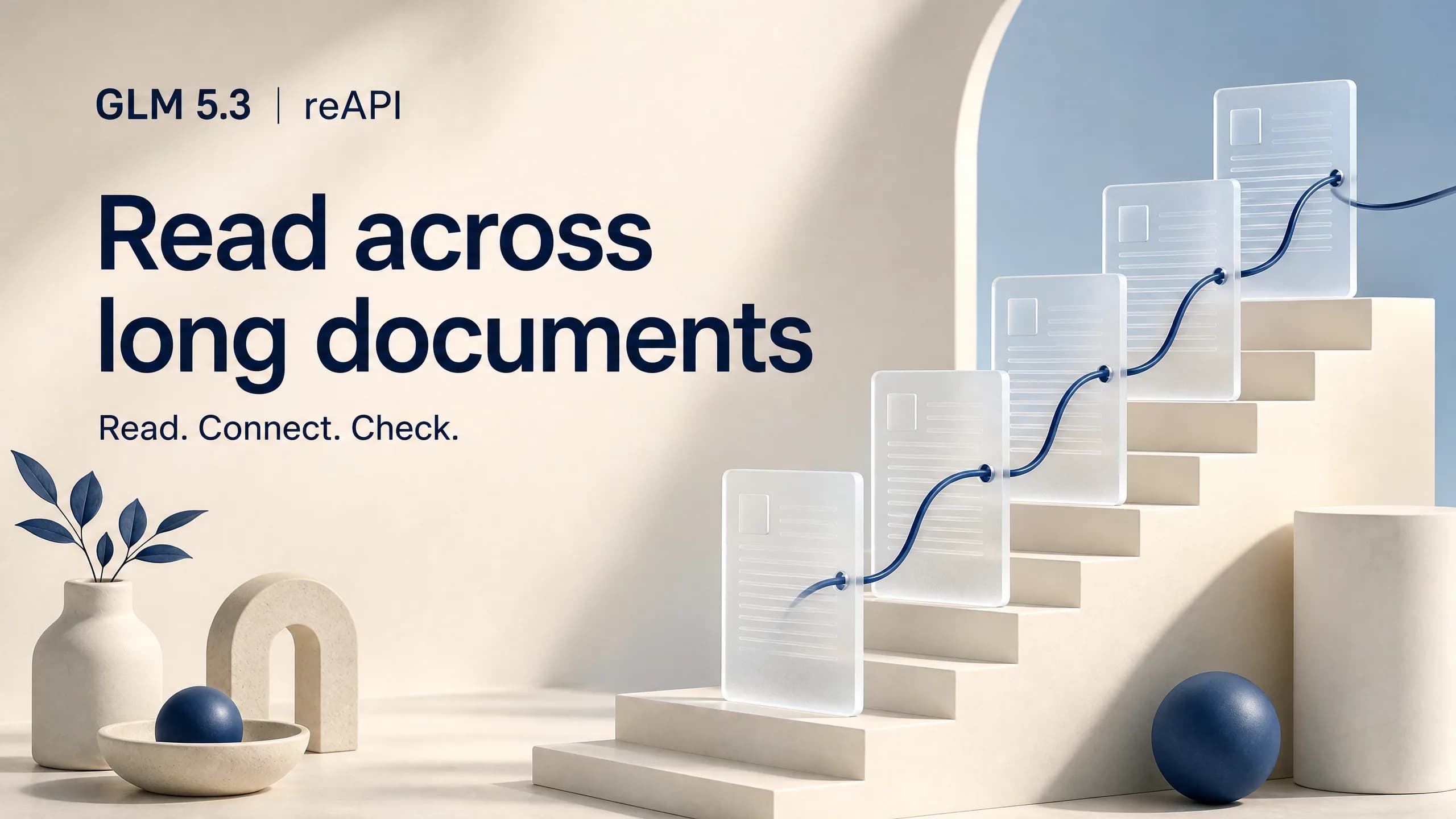 GLM 5.3 long-document concept with frosted pages and a connecting ribbon.