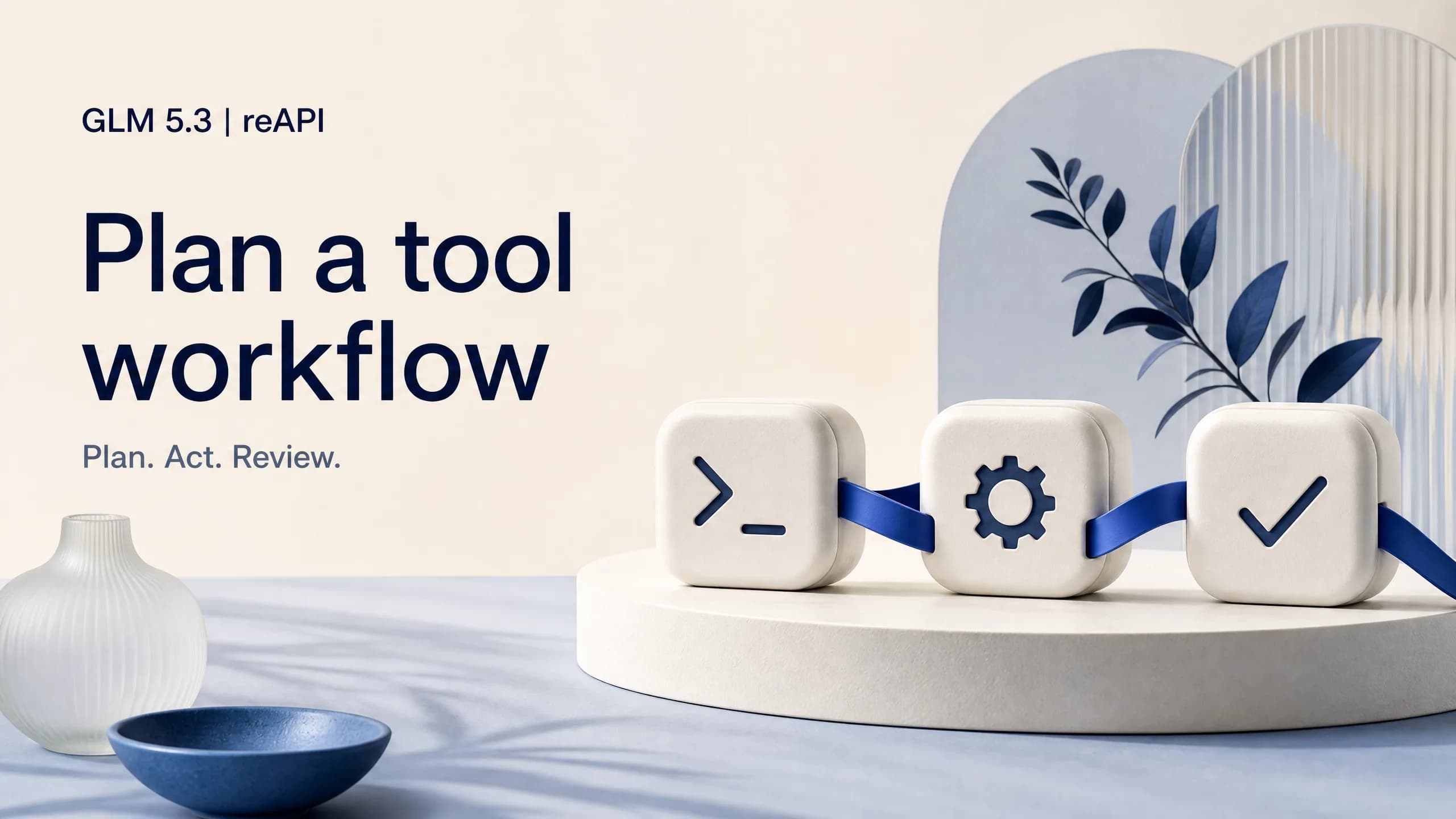 GLM 5.3 tool workflow concept: linked ceramic terminal, gear and review modules.