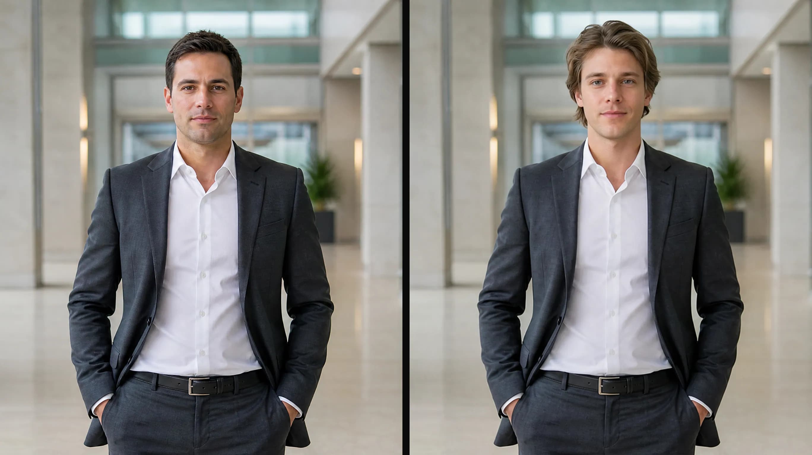 Head Swap vorher und nachher — ein Büro-Porträt mit komplett ersetztem Kopf, Anzug und Lobby unverändert