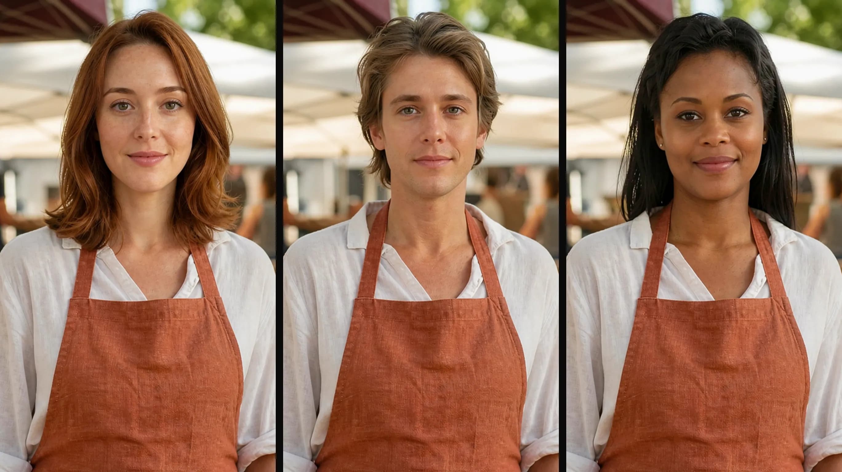 Head Swap Batch — dasselbe Marktstand-Porträt mit drei verschiedenen Quellköpfen getauscht, nebeneinander