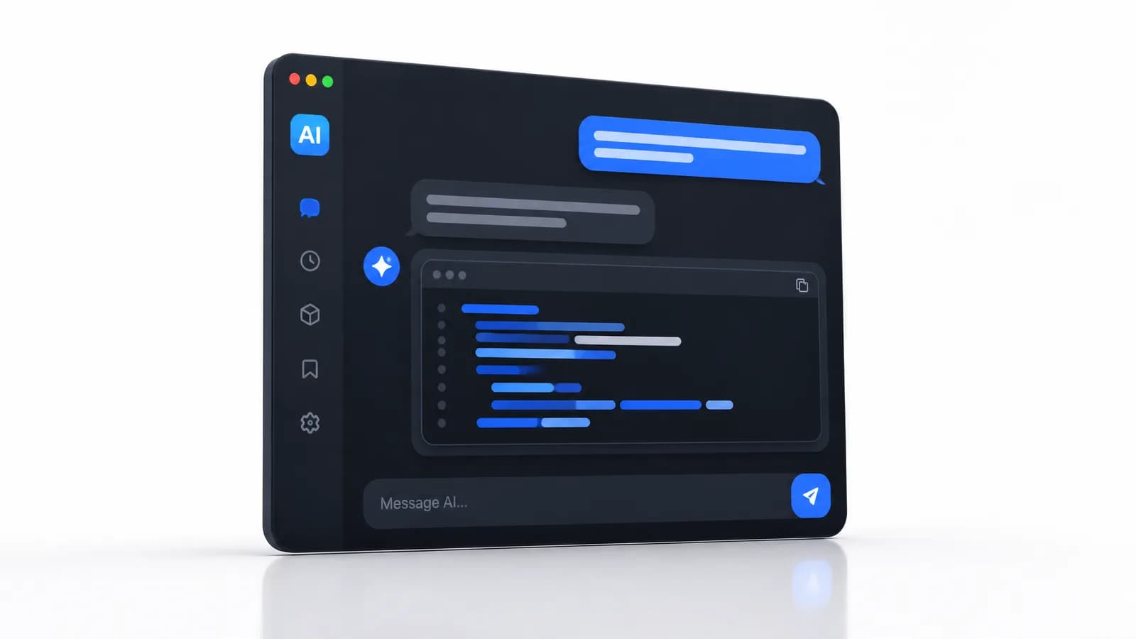 Minimal 3D AI chat window where the assistant reply embeds a code block — LLM chat and vibe coding through one endpoint