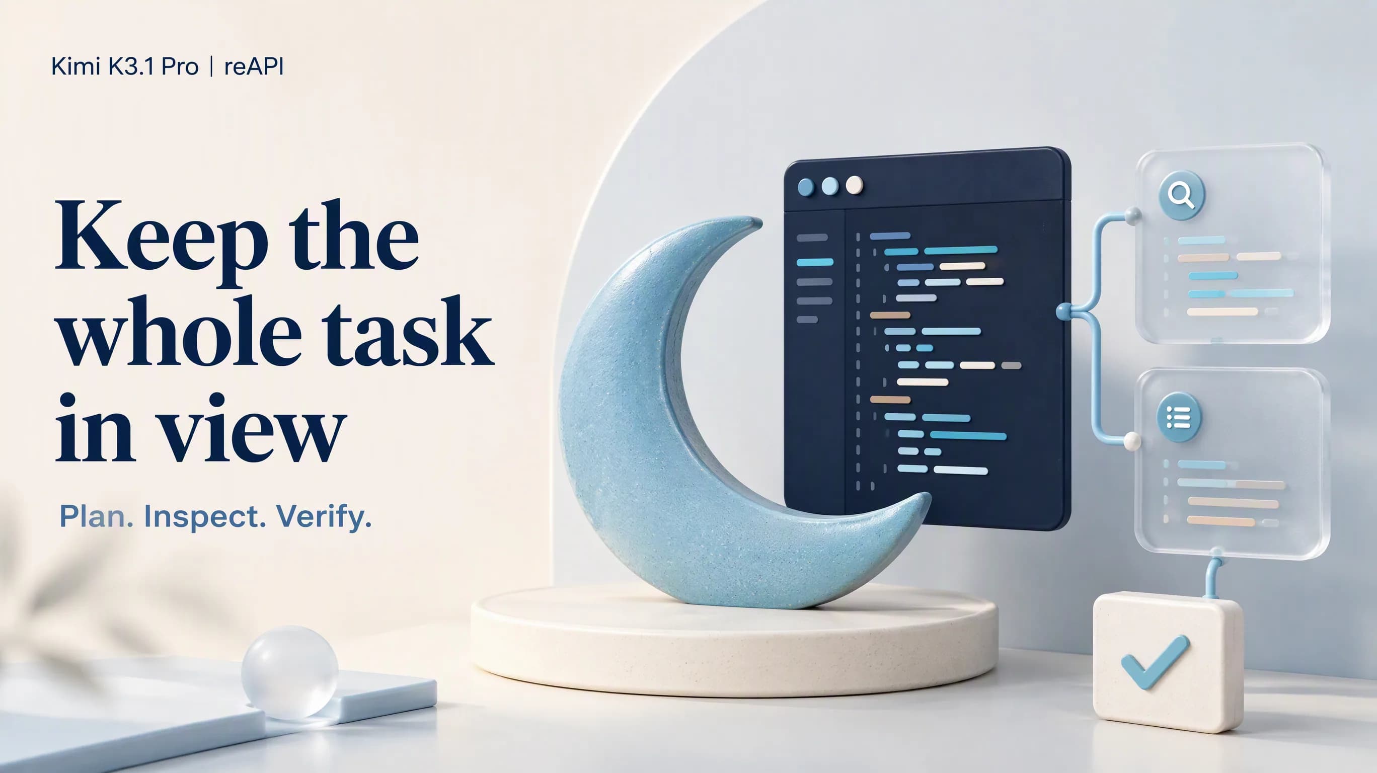 Kimi K3.1 Pro coding workflow with an editor, tool cards and a test check