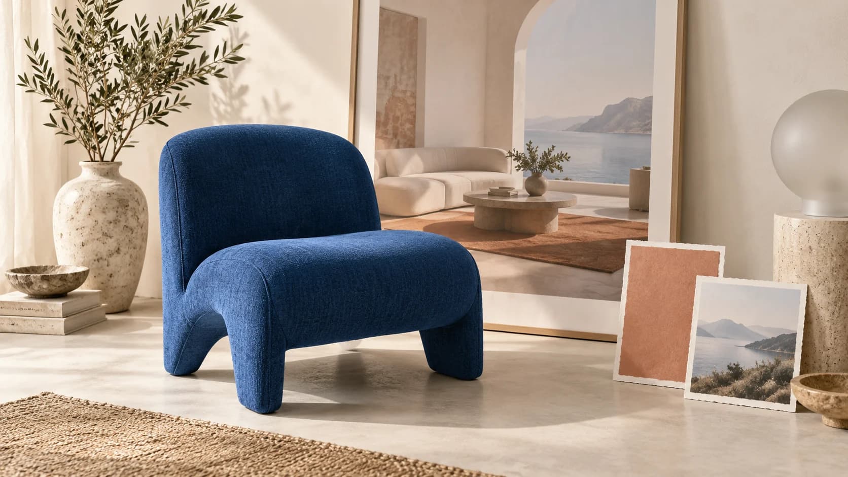 Konzept für Referenzbearbeitung mit MAI Image 2.6: blauer Stuhl, Raumfoto und Materialmuster