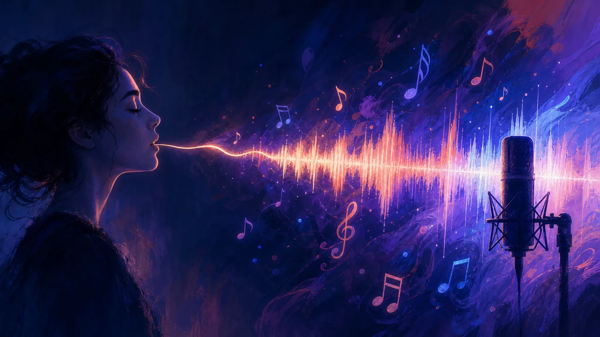 A voice dissolving into a luminous Suno AI waveform