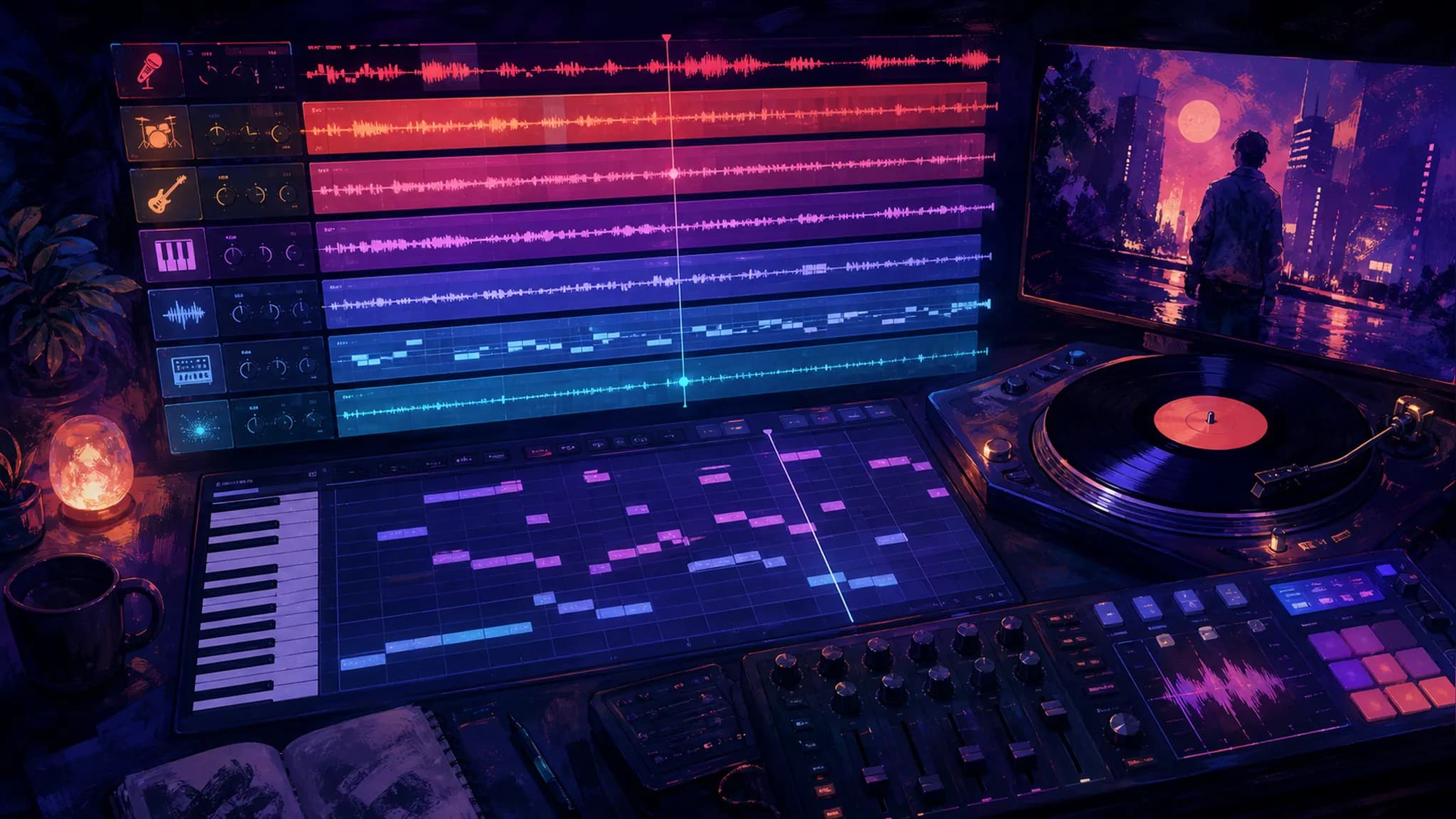 Stems, piano roll and a music video frame from one Suno AI track