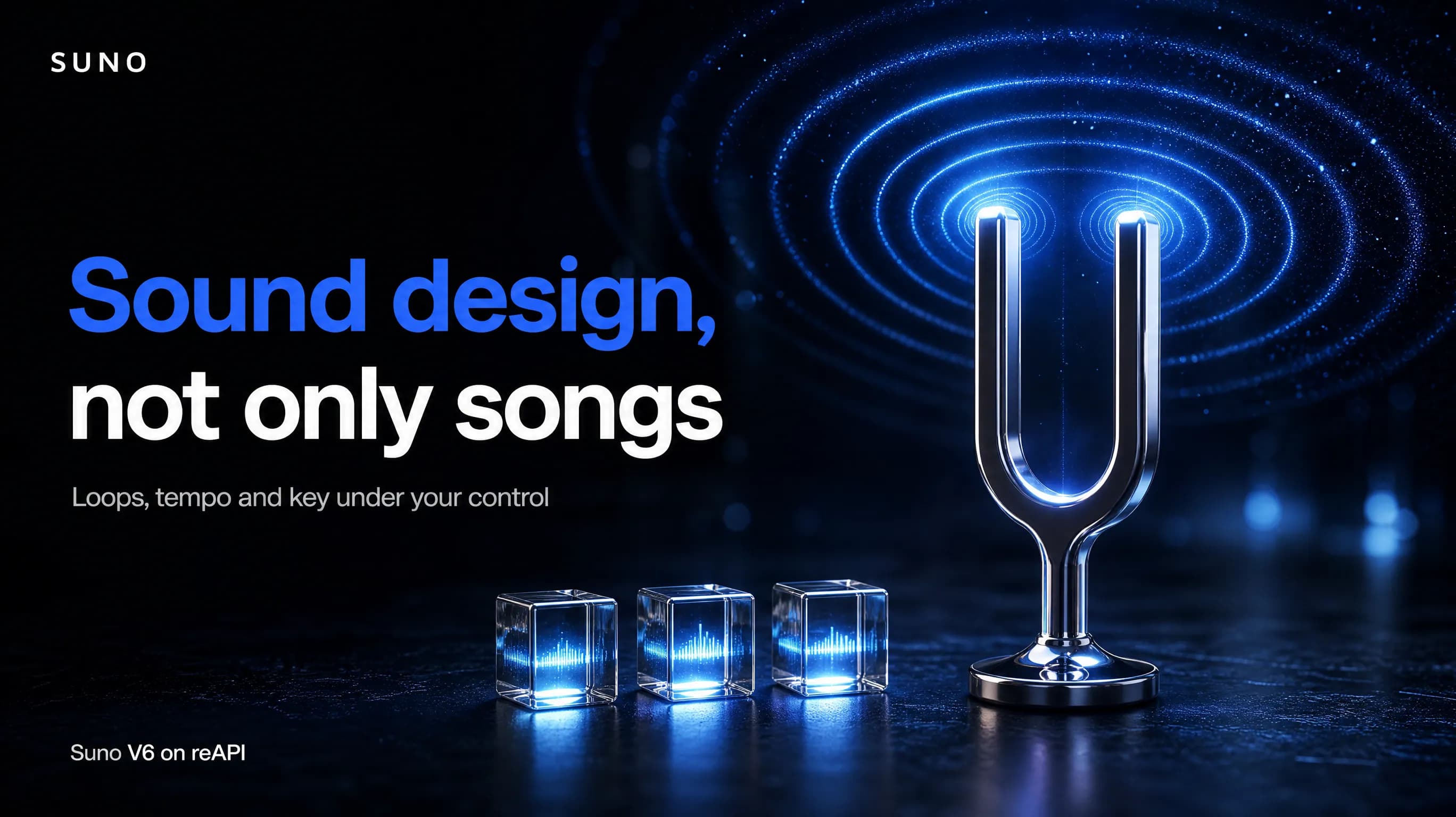 A chrome tuning fork sending rings of blue light past three lit glass cubes